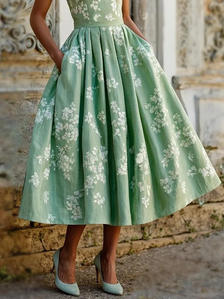 Scarlett | Abito midi a linea ad A senza maniche con stampa floreale da donna