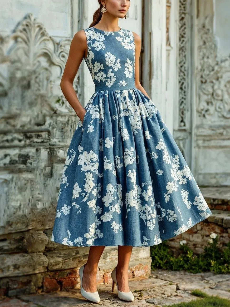 Scarlett | Abito midi a linea ad A senza maniche con stampa floreale da donna