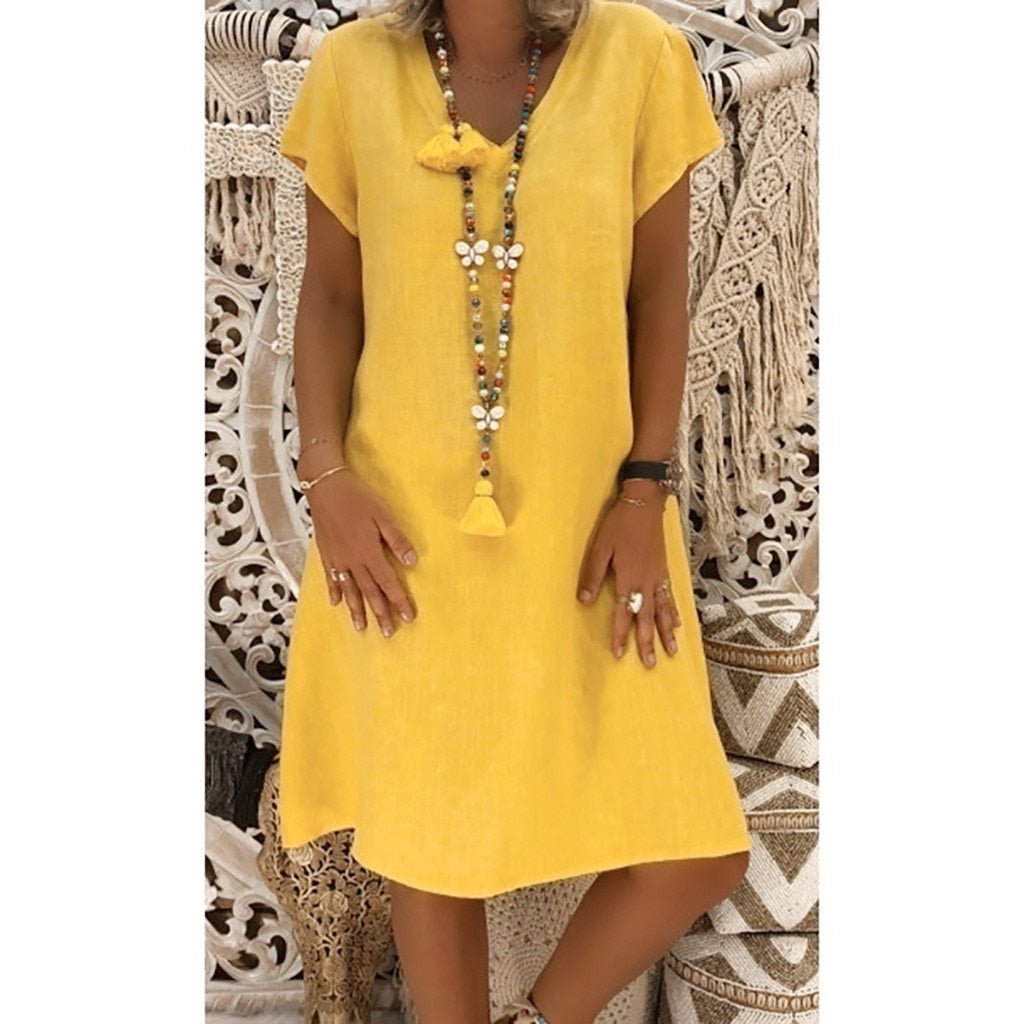 Scarlett | Vestito corto estivo da donna in lino con scollo a V e linea a trapezio