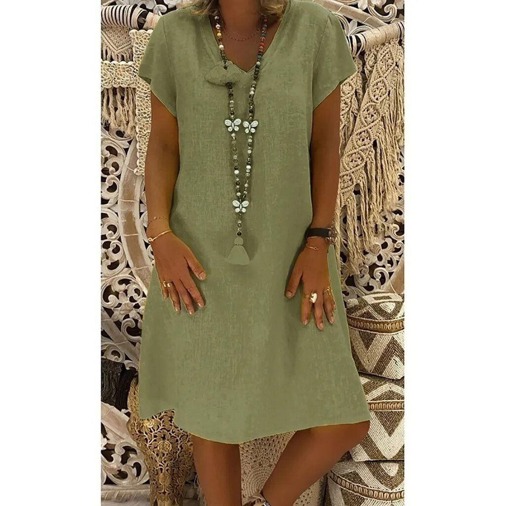 Scarlett | Vestito corto estivo da donna in lino con scollo a V e linea a trapezio