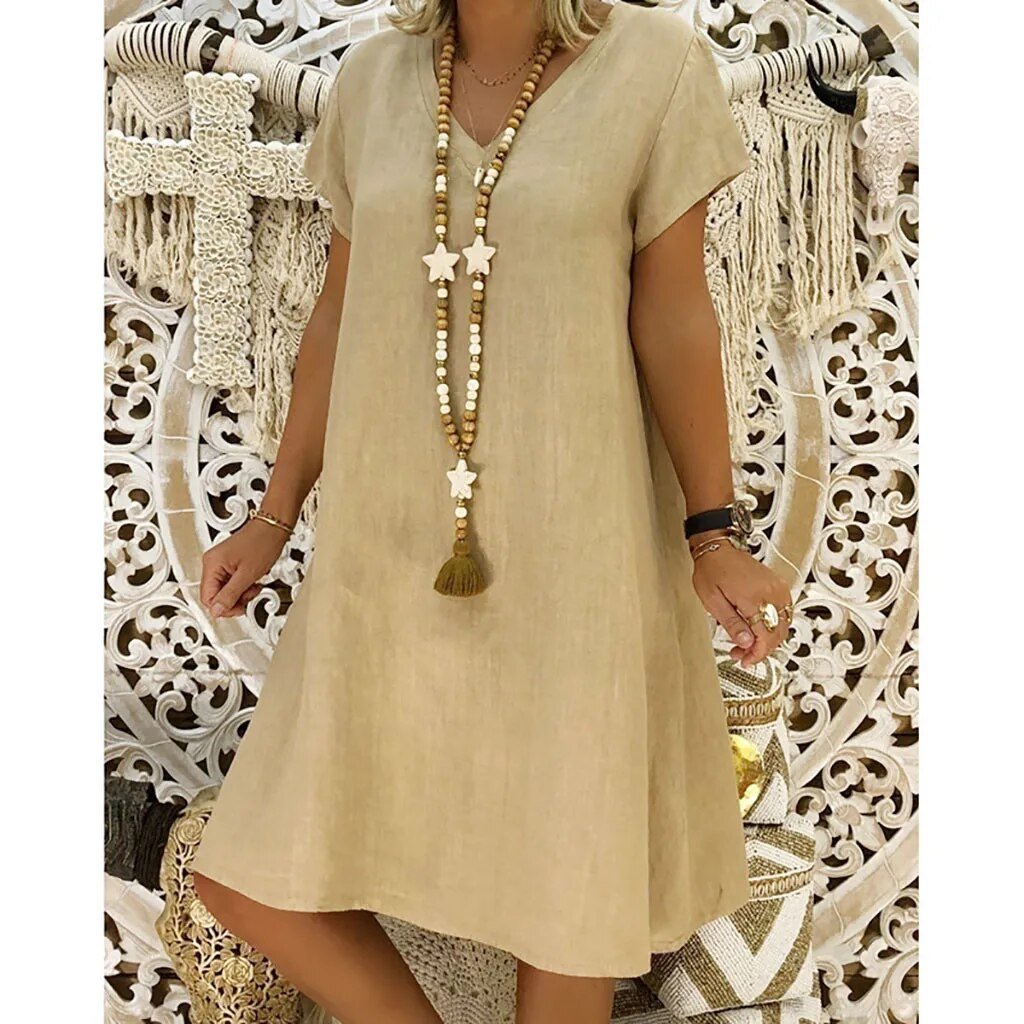 Scarlett | Vestito corto estivo da donna in lino con scollo a V e linea a trapezio