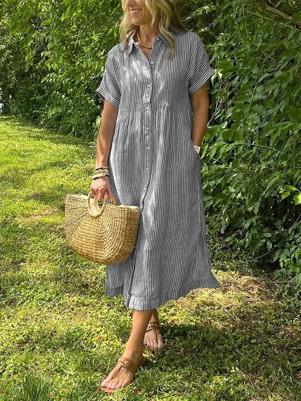 Scarlett | Vestito camicia midi a righe da donna con maniche corte