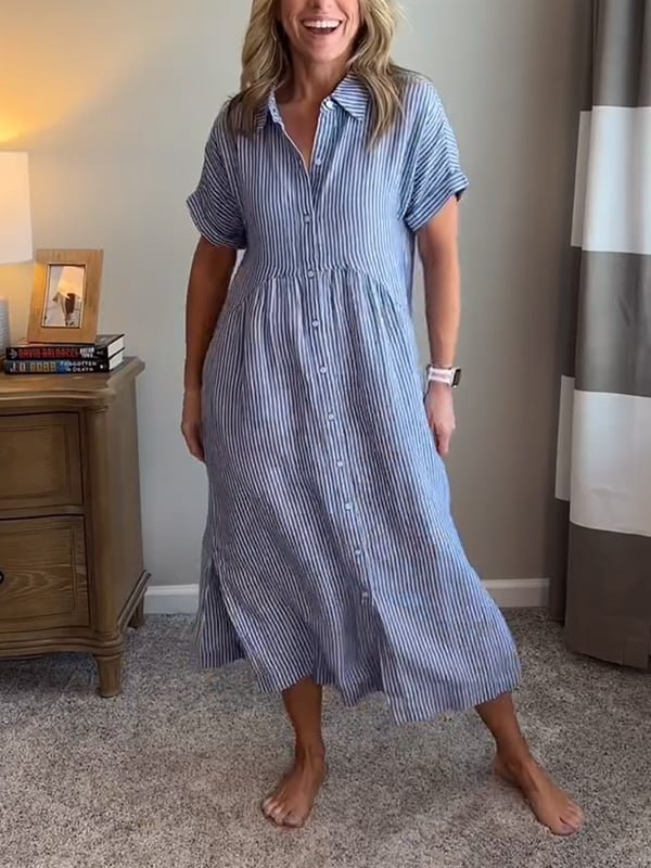 Scarlett | Vestito camicia midi a righe da donna con maniche corte