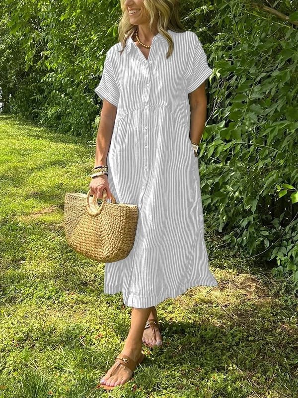 Scarlett | Vestito camicia midi a righe da donna con maniche corte