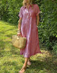 Scarlett | Vestito camicia midi a righe da donna con maniche corte