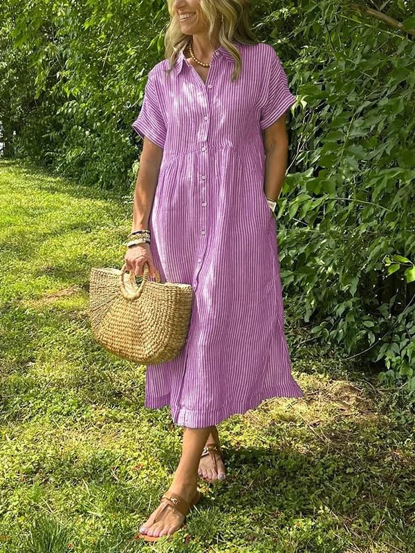 Scarlett | Vestito camicia midi a righe da donna con maniche corte