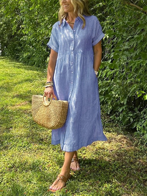 Scarlett | Vestito camicia midi a righe da donna con maniche corte