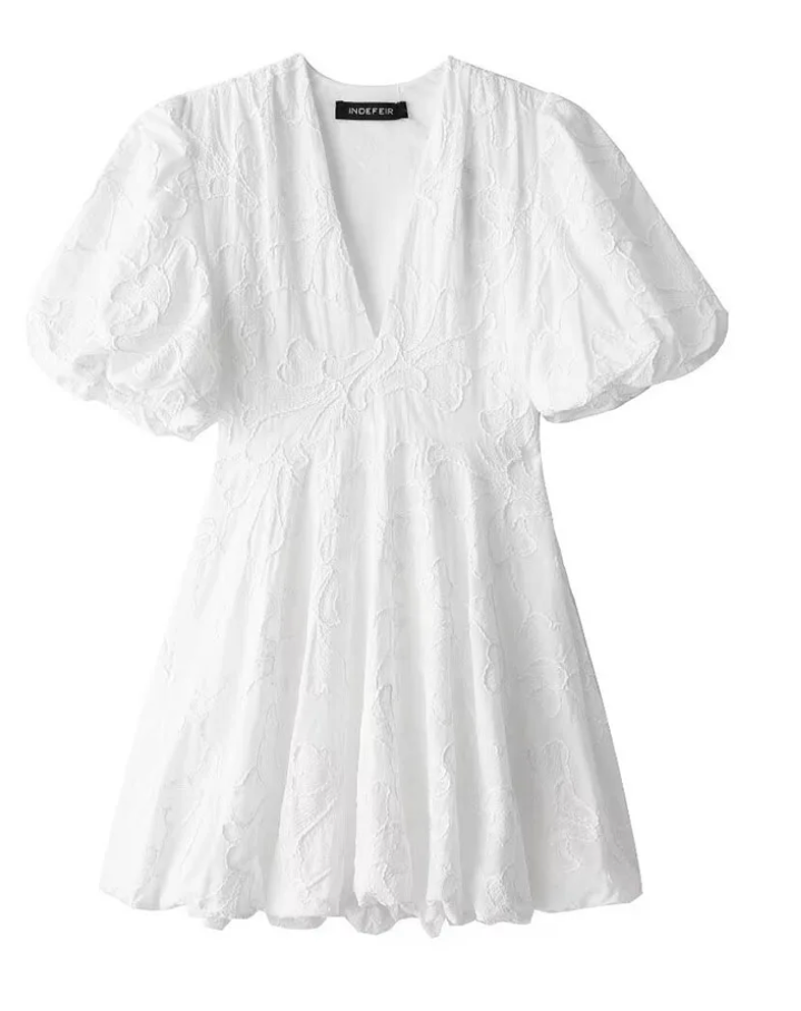 Vestito Mini Ricamato Bianco in Cotone da Donna – Maniche a Sbuffo Taglio Svasato