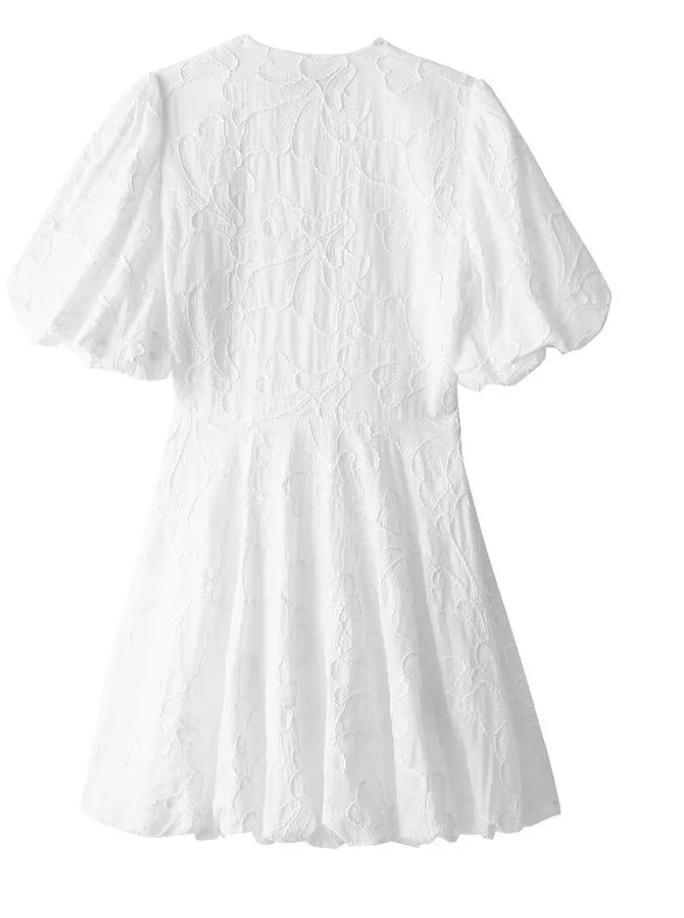 Vestito Mini Ricamato Bianco in Cotone da Donna – Maniche a Sbuffo Taglio Svasato
