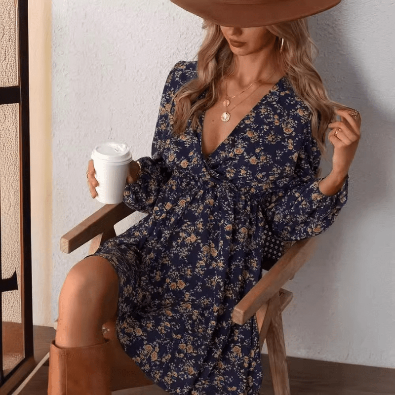 Selina Mini Women's Dress - Stampa floreale romantica con V -C.