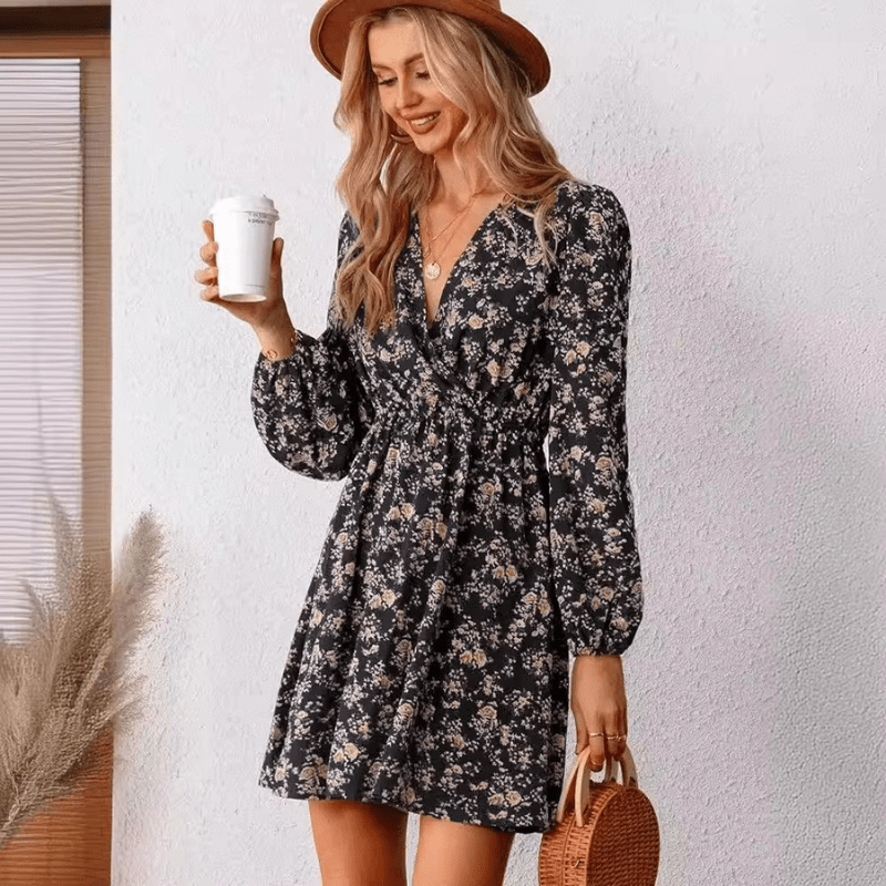 Selina Mini Women's Dress - Stampa floreale romantica con V -C.