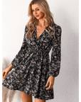 Selina Mini Women's Dress - Stampa floreale romantica con V -C.
