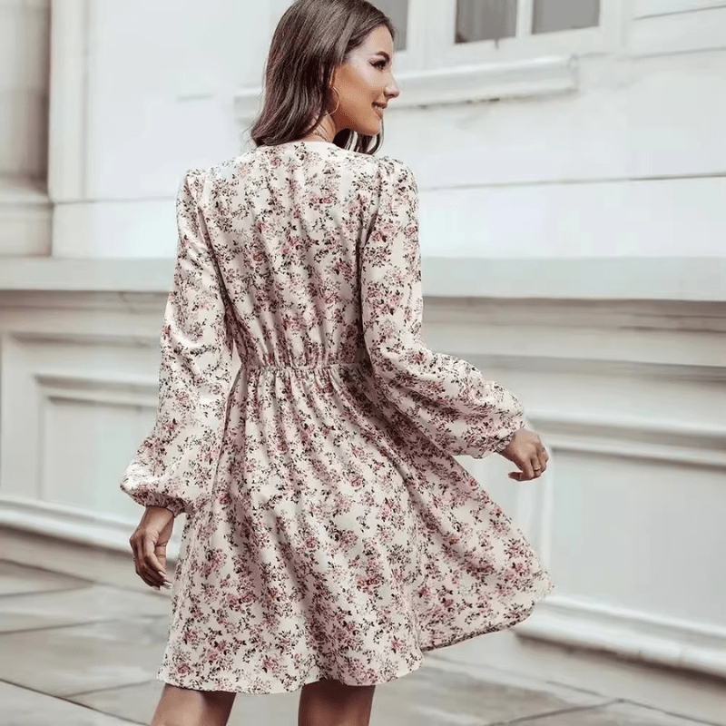 Selina Mini Women's Dress - Stampa floreale romantica con V -C.