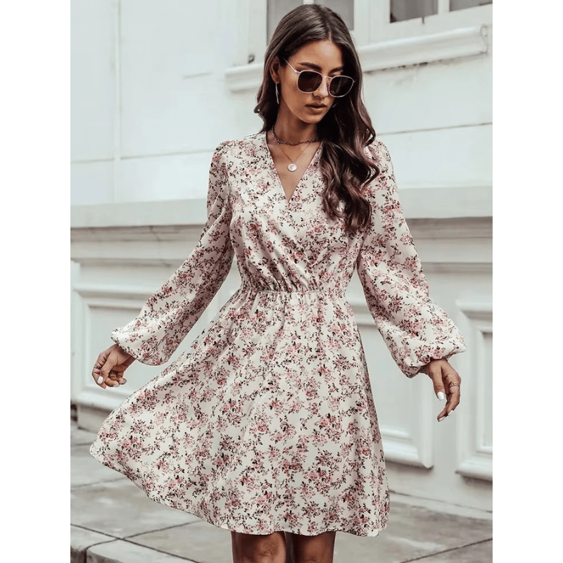 Selina Mini Women's Dress - Stampa floreale romantica con V -C.