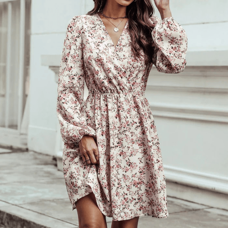 Selina Mini Women's Dress - Stampa floreale romantica con V -C.
