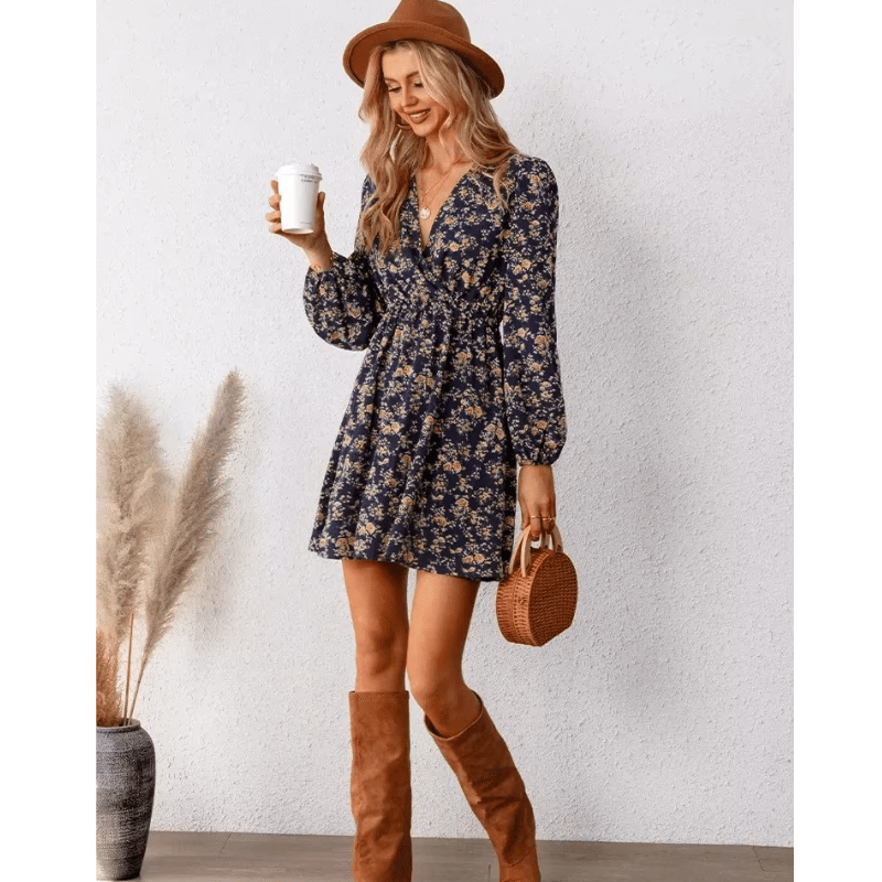 Selina Mini Women's Dress - Stampa floreale romantica con V -C.