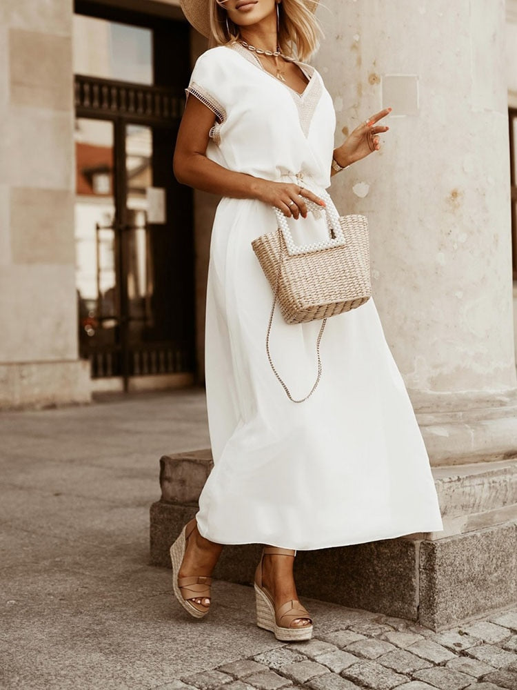 Abito lungo donna in tessuto leggero, scollo a V