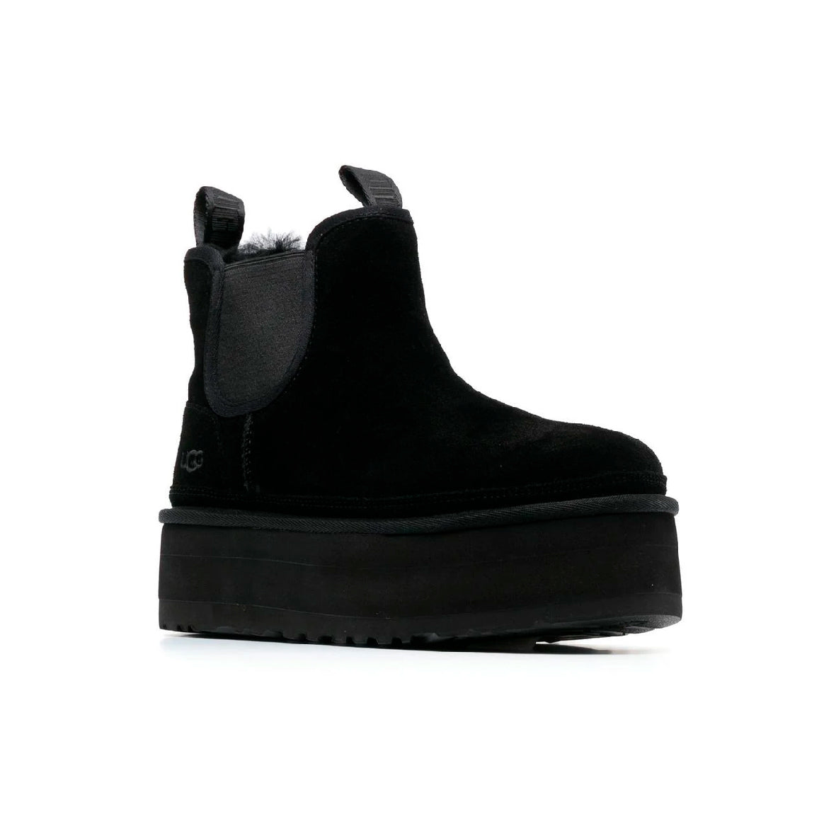 UGG Neumel Platform Chelsea Black stivaletti con zeppa uomo e donna in pelle scamosciata e montone nero, vista frontale