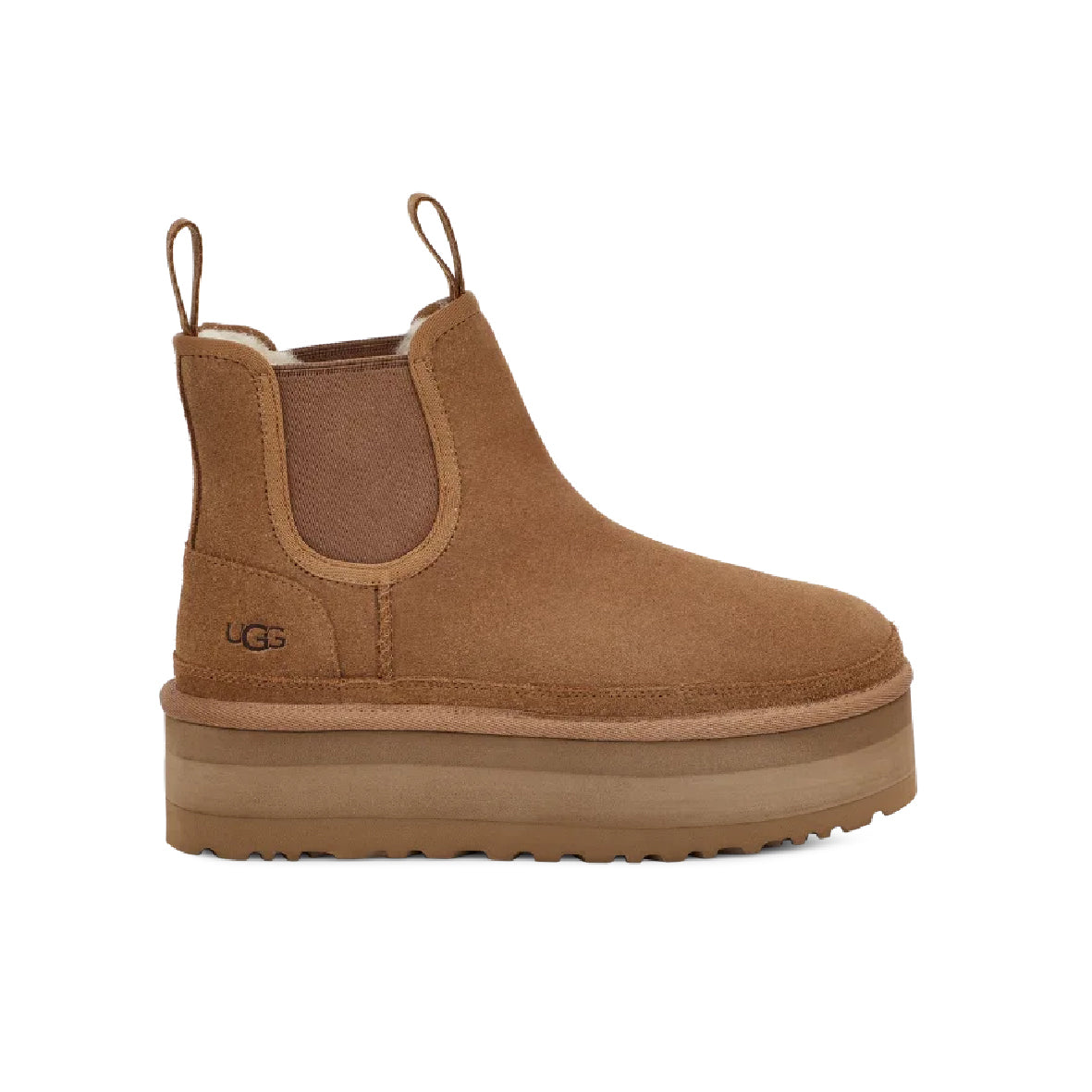 UGG Neumel Platform Chelsea Camel stivaletti con zeppa donna in pelle scamosciata e montone cammello, vista laterale