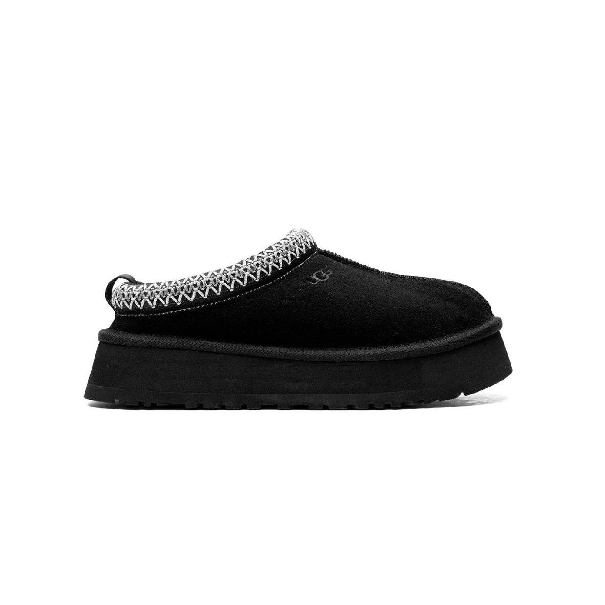UGG Tazz Black ciabatte platform uomo e donna in pelle scamosciata e montone nero, vista laterale