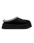 UGG Tazz Black ciabatte platform uomo e donna in pelle scamosciata e montone nero, vista laterale