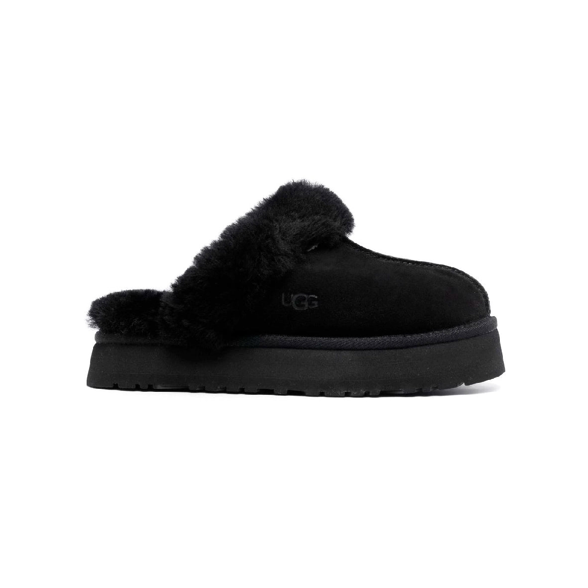 UGG Disquette Platform Black sabot platform donna in pelle scamosciata e montone nero, vista laterale