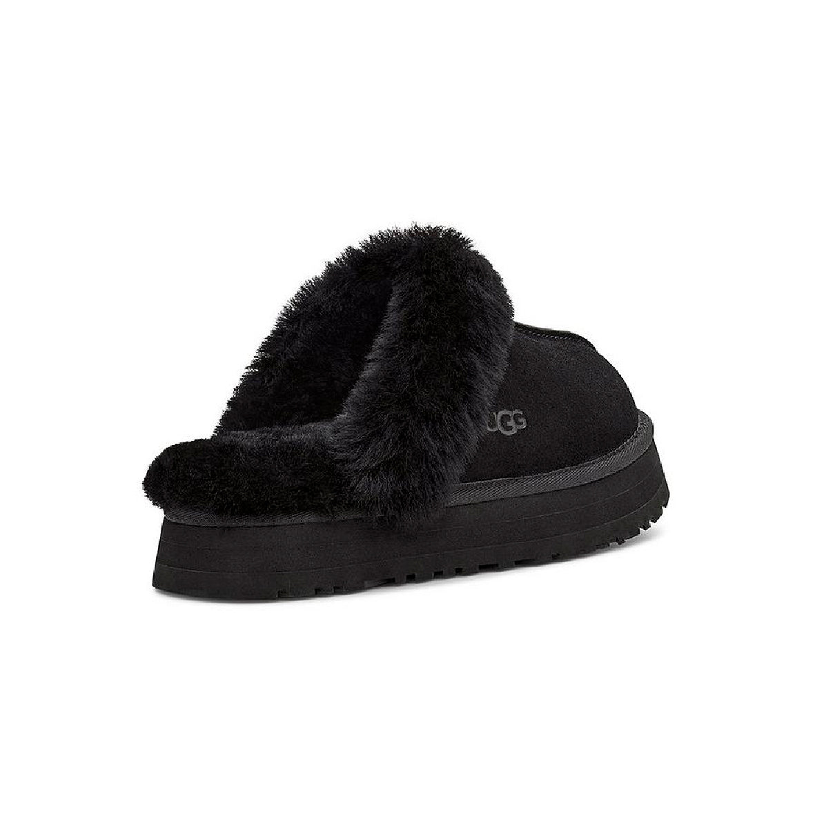 UGG Disquette Platform Black sabot platform donna in pelle scamosciata e montone nero, vista frontale