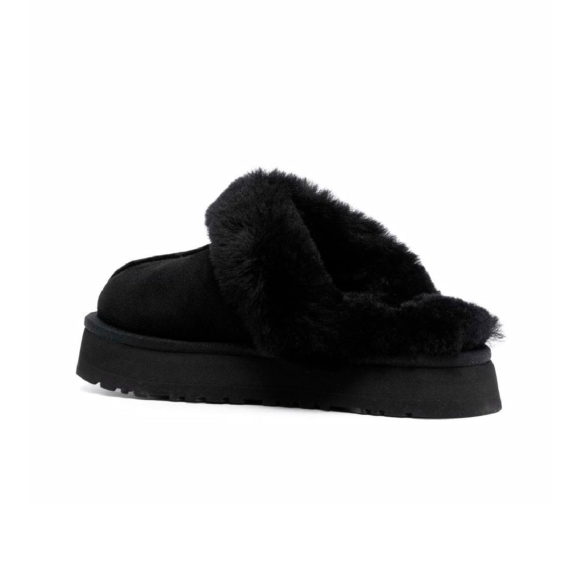 UGG Disquette Platform Black sabot platform donna in pelle scamosciata e montone nero, dettaglio suola