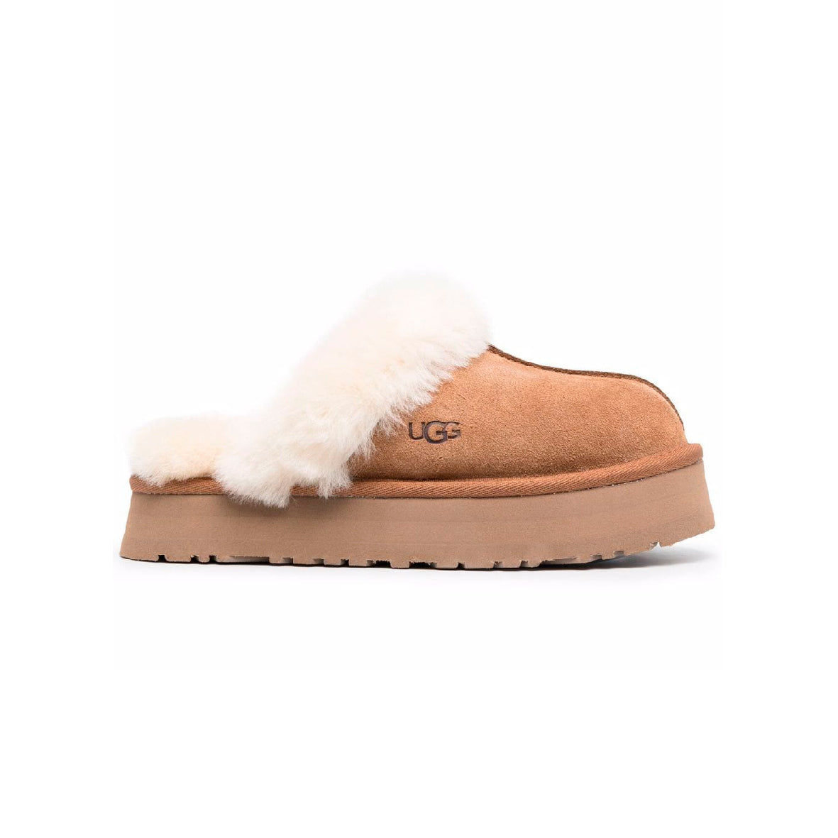 UGG Disquette Platform Camel sabot platform donna in pelle scamosciata e montone cammello, vista laterale