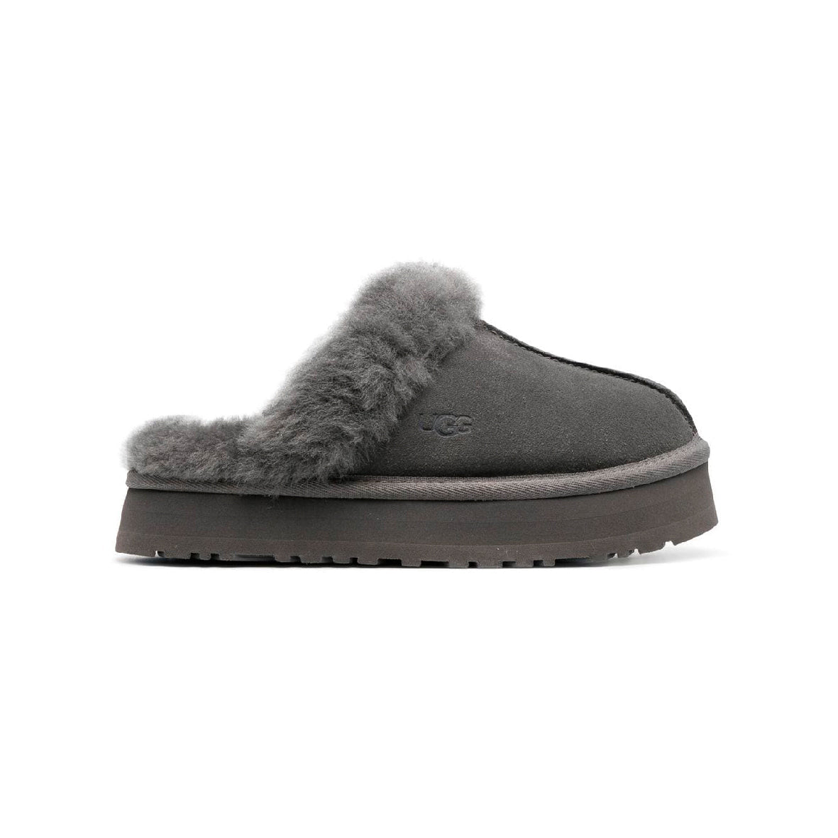 UGG Disquette Platform Grey sabot platform donna in pelle scamosciata e montone grigio, vista laterale