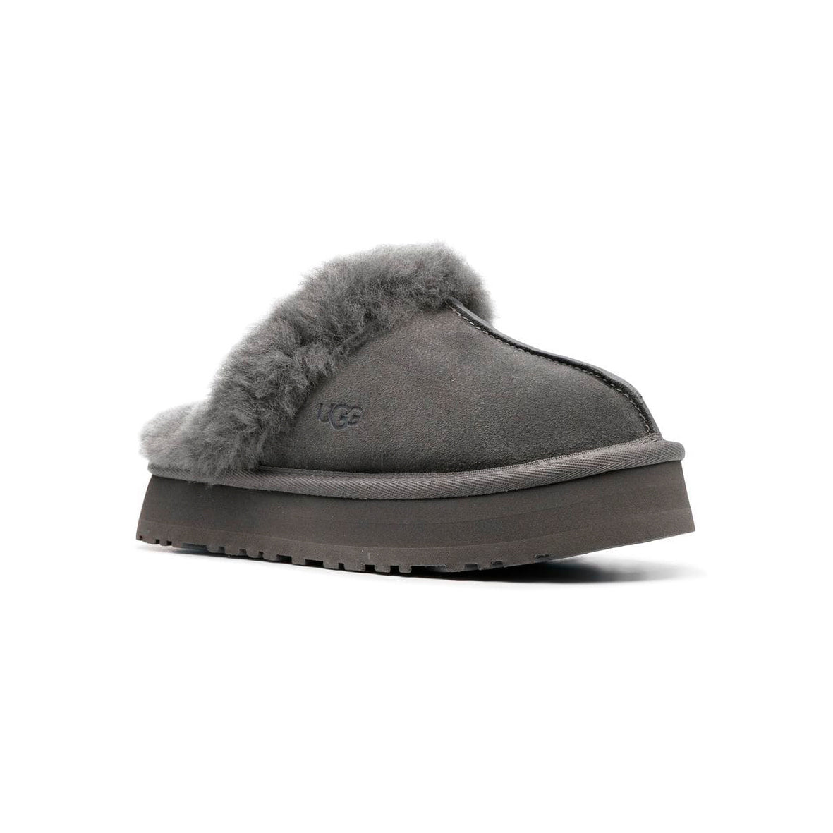 UGG Disquette Platform Grey sabot platform donna in pelle scamosciata e montone grigio, vista frontale