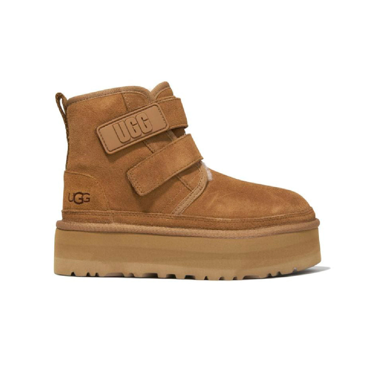 UGG Neumel Platform Camel stivaletti con zeppa uomo e donna in pelle scamosciata e montone cammello, vista laterale