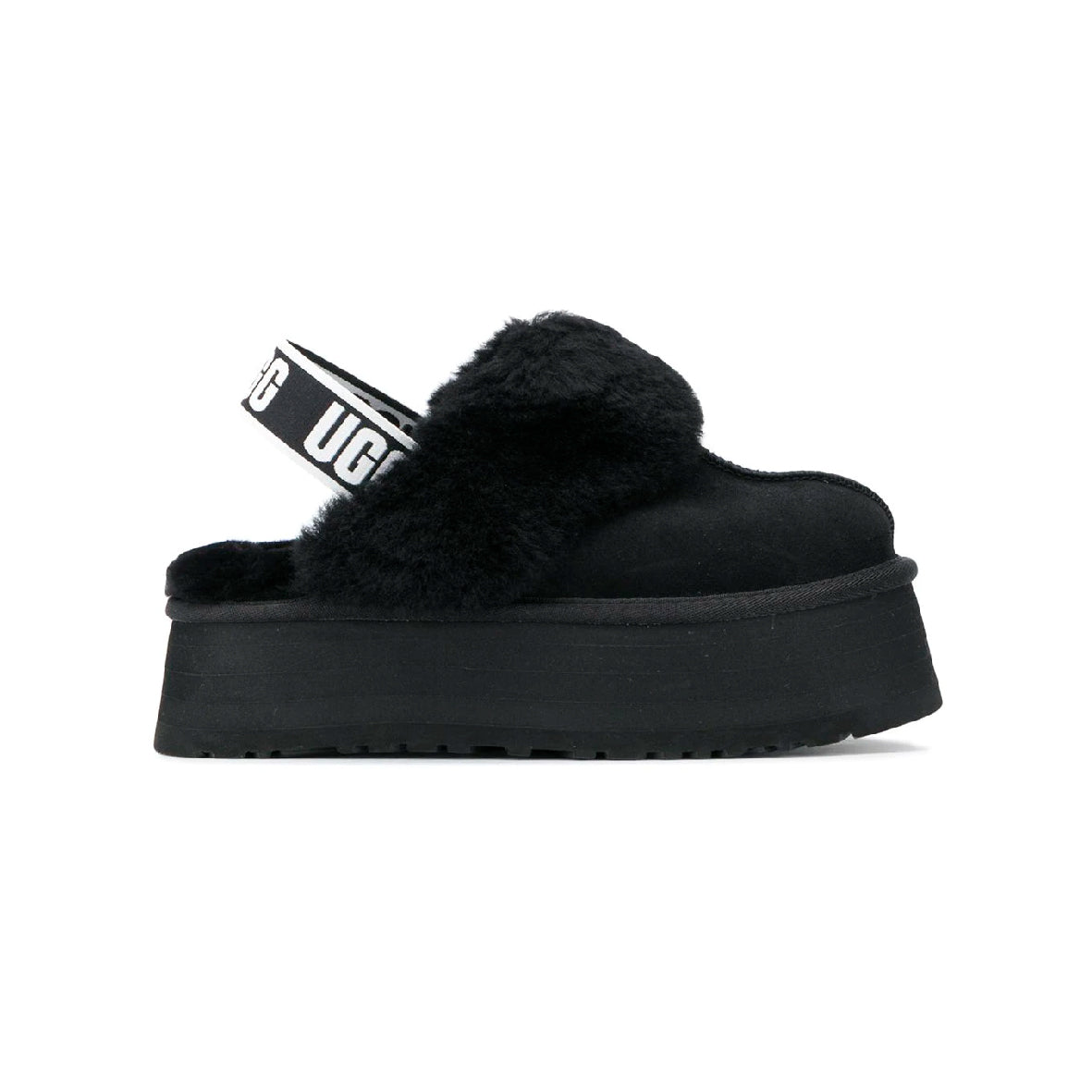 UGG Funkette Platform Black sabot platform donna in pelle scamosciata e montone nero, vista laterale