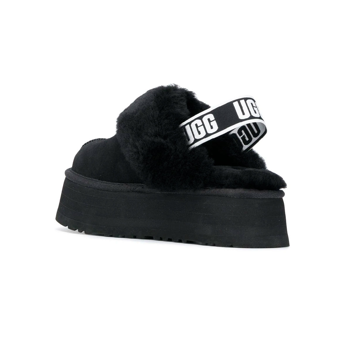 UGG Funkette Platform Black sabot platform donna in pelle scamosciata e montone nero, dettaglio suola