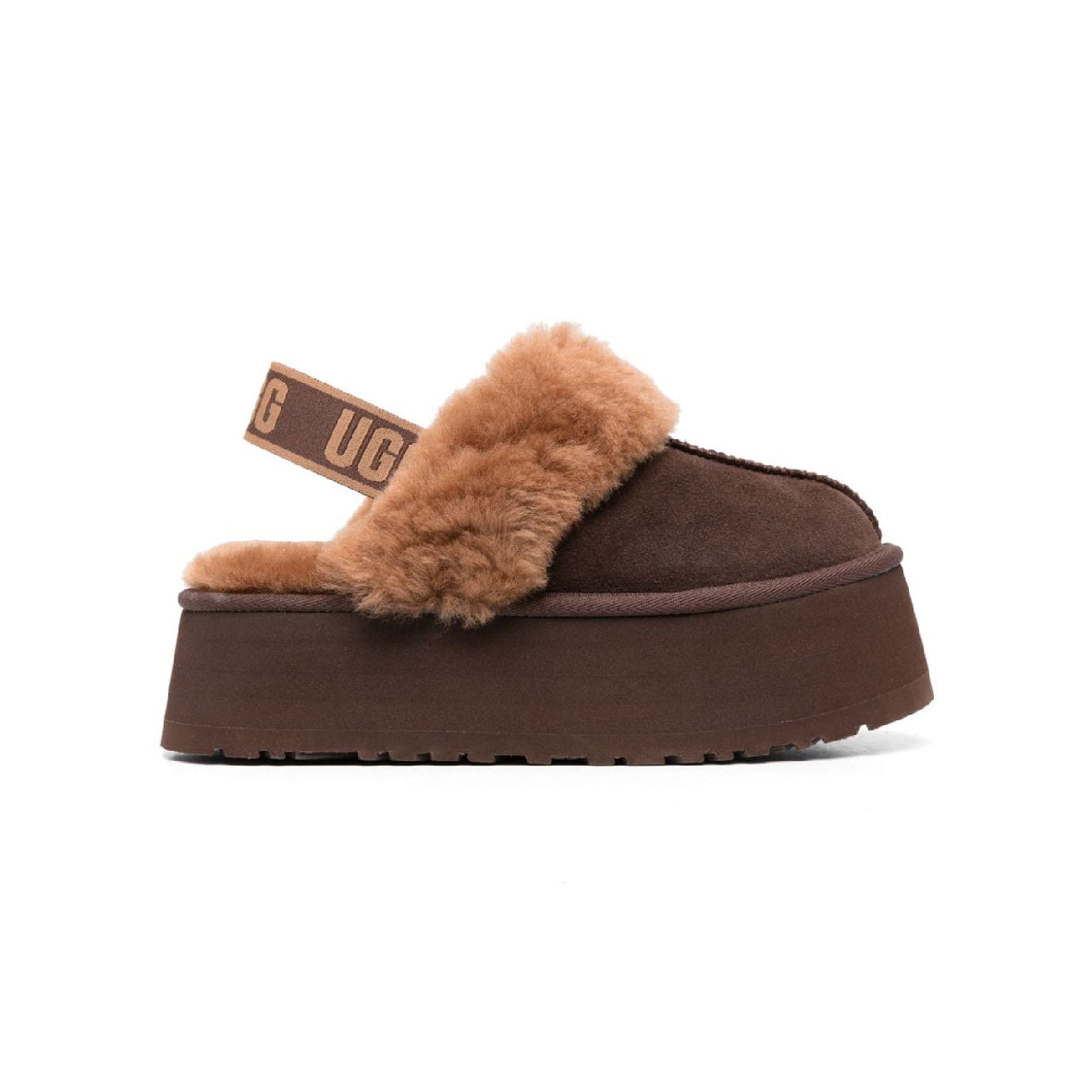 UGG Funkette Platform Brown sabot platform uomo e donna in pelle scamosciata e montone marrone, vista laterale
