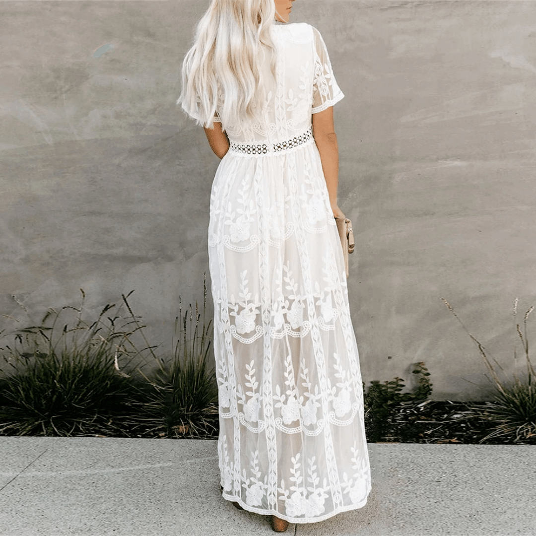 Sildora Abito Lungo Bianco in Pizzo Stile Boho Chic - Vestito da Cerimonia Donna