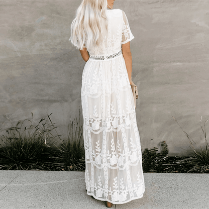 Sildora Abito Lungo Bianco in Pizzo Stile Boho Chic - Vestito da Cerimonia Donna