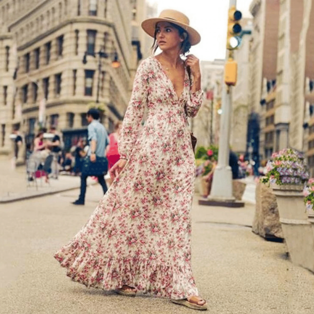 Sildora Abito Lungo Boho a Fiori Maniche Lunghe Donna - Vestito Rosa Estivo