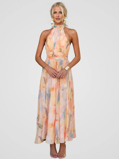 Abito Estivo Amarah Donna – Abito in Mussola con Scollo Halter e Stampa Pesca, Taglio Fluido ed Elegante