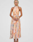 Abito Estivo Amarah Donna – Abito in Mussola con Scollo Halter e Stampa Pesca, Taglio Fluido ed Elegante