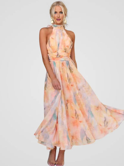 Abito Estivo Amarah Donna – Abito in Mussola con Scollo Halter e Stampa Pesca, Taglio Fluido ed Elegante