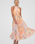 Abito Estivo Amarah Donna – Abito in Mussola con Scollo Halter e Stampa Pesca, Taglio Fluido ed Elegante