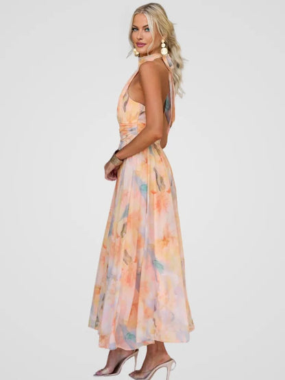 Abito Estivo Amarah Donna – Abito in Mussola con Scollo Halter e Stampa Pesca, Taglio Fluido ed Elegante