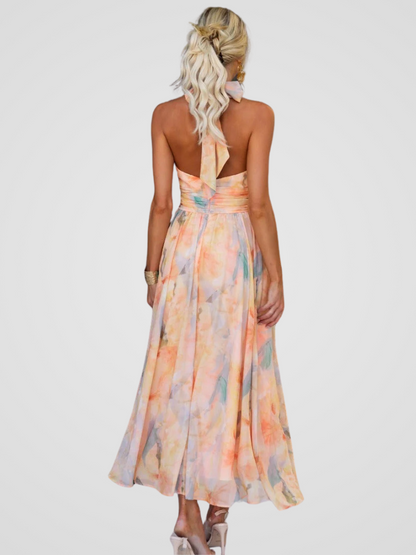 Abito Estivo Amarah Donna – Abito in Mussola con Scollo Halter e Stampa Pesca, Taglio Fluido ed Elegante