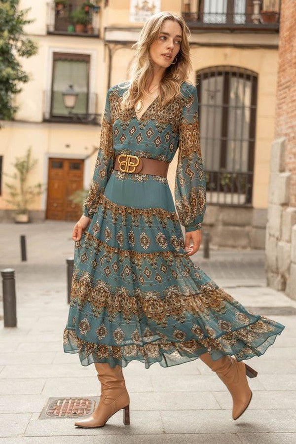 Sophie | Vestito Midi da Donna in Chiffon con Stampa Medaglione Boho