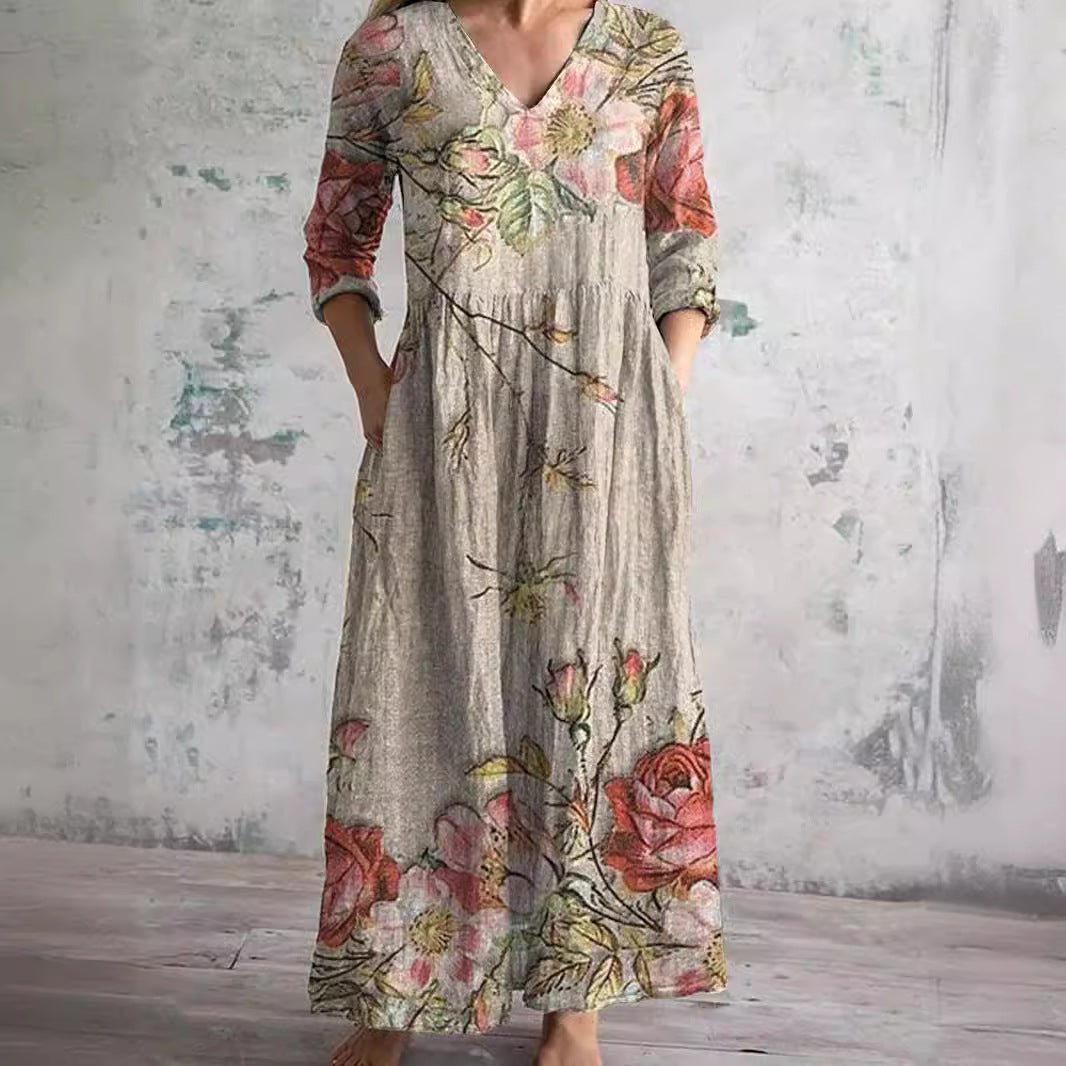 Sophie | Abito lungo da donna con scollo a V, maniche a tre quarti e motivo floreale