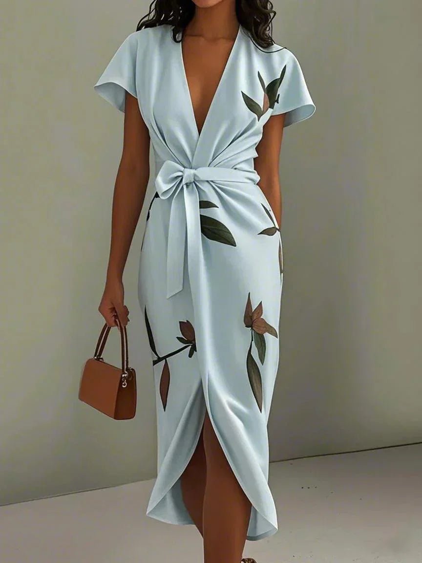 Sophie | Vestito midi incrociato a V con stampa foglie da donna