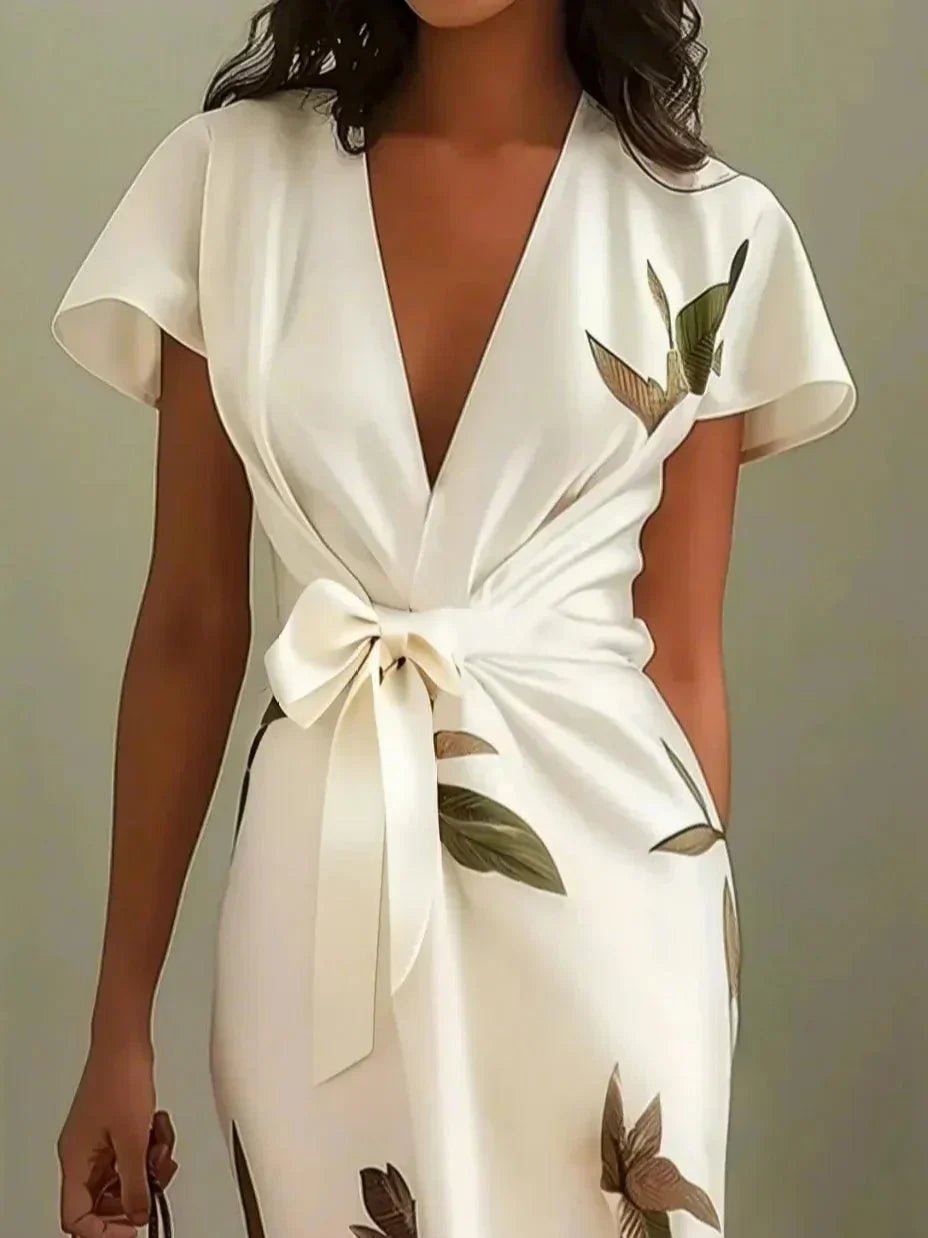 Sophie | Vestito midi incrociato a V con stampa foglie da donna