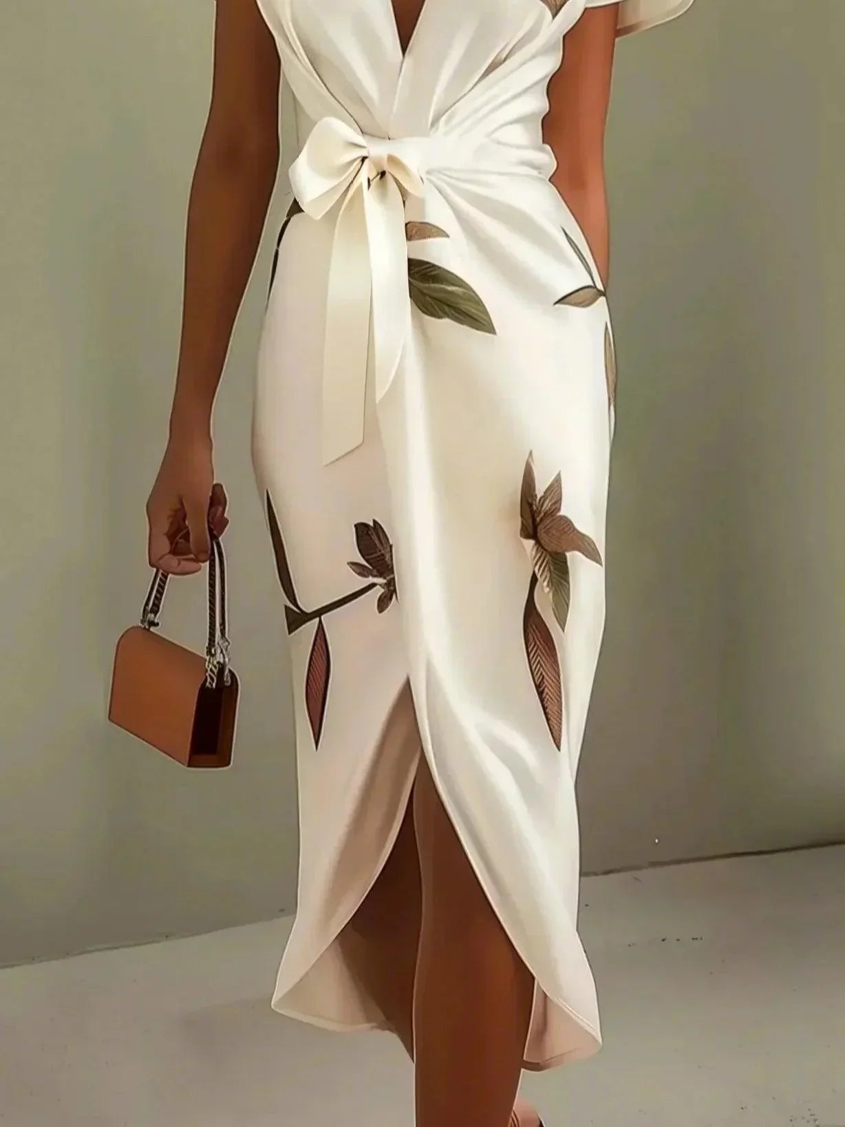Sophie | Vestito midi incrociato a V con stampa foglie da donna