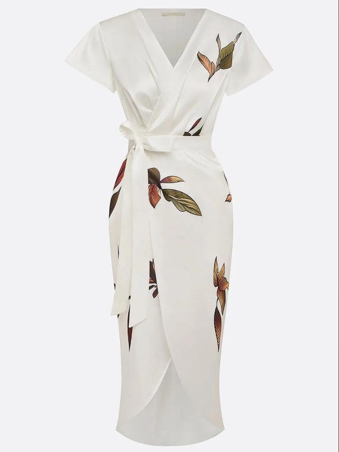 Sophie | Vestito midi incrociato a V con stampa foglie da donna